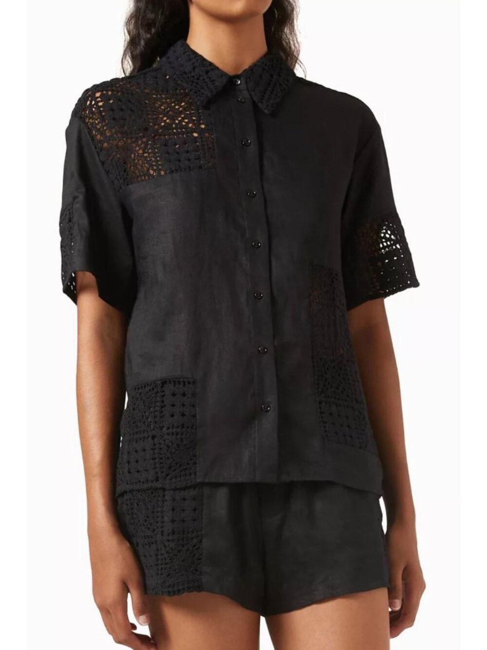 SIR. The Label Rayure Patchwork Crochet Shirt Linen & Cotton Knit Black 0 XS